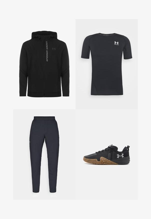 Črna zip-up kapuca izdelana iz mehkega, lahkotnega materiala. Ima odsevni logo "UNDER ARMOUR" in gladko teksturo.; Črna kratka športna majica z dolgimi rokavi iz tkanine, ki odvaja vlago in je raztegljiva. Ima okroglo ovratnico in majhen beli logotip na prsih.; Črne atletske hlače z gladko teksturo, ožjega kroja, elastičnim pasom in stranskimi žepi. Imajo majhen logotip na levem stegnu.; Črne športne čevlje z mrežasto zgornjščino, teksturiranim gumijastim podplatom in mrežastimi poudarki. Imajo izrazit logotip na strani in zaobljeno obliko prstov.