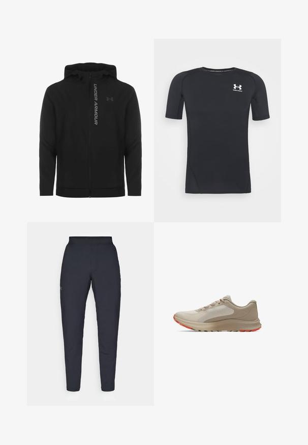 Veste à capuche zippée noire en matériau doux et léger. Arborant un logo "UNDER ARMOUR" réfléchissant et une texture lisse.; T-shirt de sport noir à manches courtes, fabriqué en tissu extensible à évacuation de l'humidité. Il possède un col rond et un petit logo blanc sur la poitrine.; Pantalons de sport noirs avec une texture lisse, coupe slim, taille élastique et poches latérales. Présente un petit logo sur la cuisse gauche.; Botte de course beige clair avec un panneau supérieur texturé, des accents orange sourd contrastants sur la semelle et une semelle intermédiaire rembourrée.