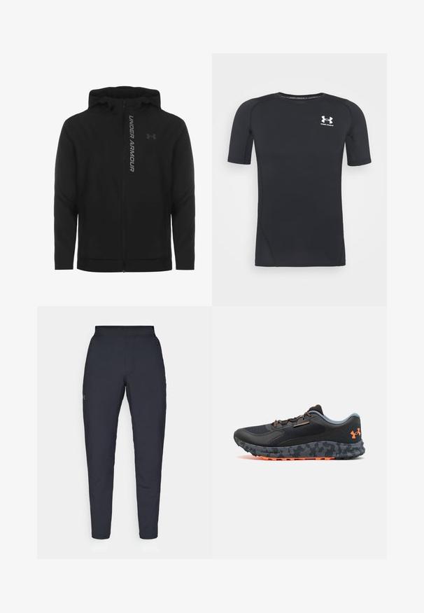Schwarze, leichte Kapuzenjacke mit Reißverschluss aus weichem Material. Ausgestattet mit reflektierendem "UNDER ARMOUR"-Logo und einer glatten Struktur.; Schwarzes kurzärmliges Sportshirt aus feuchtigkeitsableitendem, elastischem Material. Verfügt über einen runden Halsausschnitt und ein kleines weißes Logo auf der Brust.; Schwarze Sporthose mit glatter Textur, schlankem Schnitt, elastischem Bund und seitlichen Taschen. Mit einem kleinen Logo auf dem linken Oberschenkel.; Schwarzer Sportschuh mit strukturierter Oberseite, grauen Akzenten, orangefarbigen Details, camouflagemusterter Sohle und Schnürsystem für einen sicheren Sitz.
