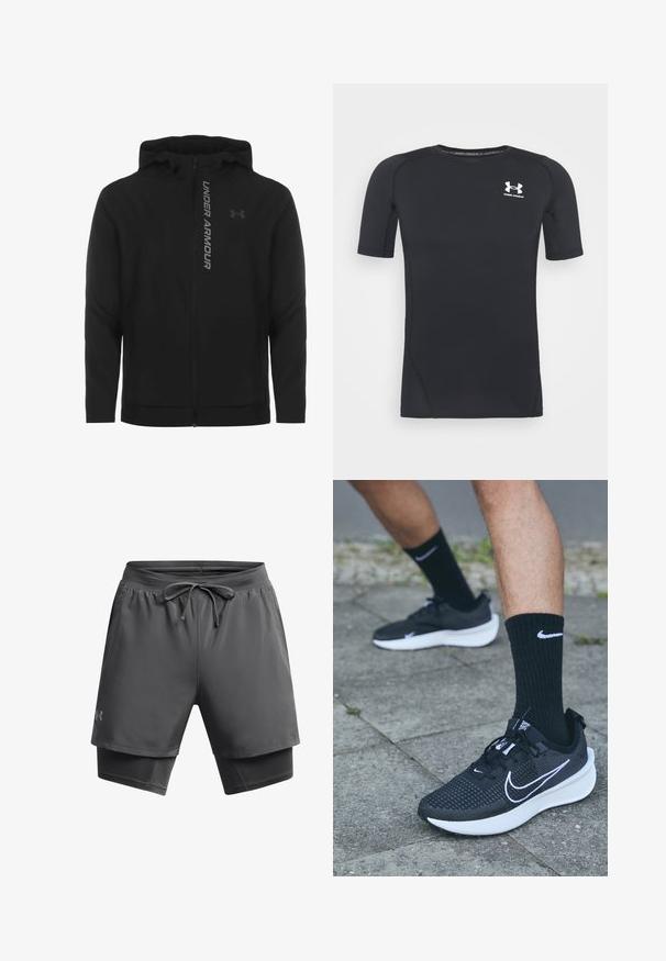 Black zip-up hooded jacket made of soft, lightweight material. Features reflective "UNDER ARMOUR" logo and a smooth texture.; Black short-sleeve athletic shirt made of moisture-wicking, stretchy fabric. Features a round neckline and a small white logo on the chest.; Men's athletic shorts in dark gray, featuring a drawstring waist, moisture-wicking material, exterior layer with inner fitted liner.; Nike Performance INTERACT RUN - Trail running shoes - black/white/anthracite