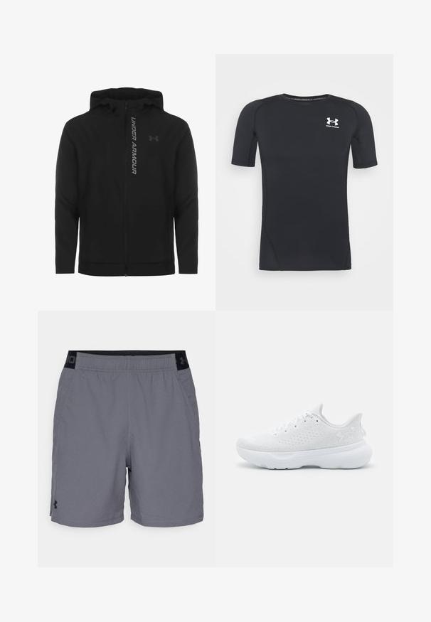Czarna kurtka z kapturem zapinana na zamek, wykonana z miękkiego, lekkiego materiału. Posiada odblaskowe logo "UNDER ARMOUR" i gładką fakturę.; Czarny, krótki rękaw, sportowa koszulka wykonana z odprowadzającego wilgoć, elastycznego materiału. Posiada okrągły dekolt i małe białe logo na piersi.; Szare spodenki sportowe z lekkiego materiału, z elastycznym pasem w czarnych akcentach i bocznymi kieszeniami. Prosty design bez wzorów.; Biała sportowa sneaker z teksturowaną siateczką, zaokrąglonym czubkiem i amortyzowaną podeszwą. Posiada tonowane akcenty oraz sznurowanie.
