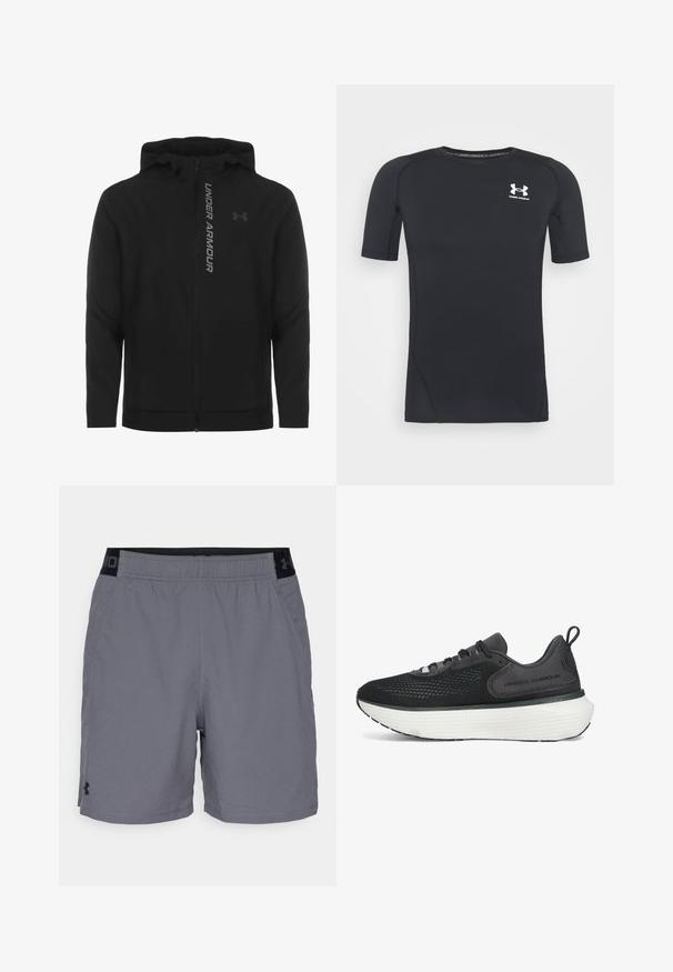 Melnā ar rāvējslēdzēju aizverama kapučjaka, kas izgatavota no mīksta, viegla materiāla. Tam ir atstarojošs "UNDER ARMOUR" logotips un gluda virsma.; Melnas īsās piedurknes sporta krekliņš izgatavots no mitrumu absorbējoša, elastīga auduma. Tam ir apaļa kakla izgriezuma forma un neliels balts logo krūšu rajonā.; Pelēki sporta šorti, izgatavoti no viegla auduma, ar elastīgu jostasvietu un melnu akcentu, kā arī sānu kabatām. Vienkāršs dizains bez rakstiem.; Melna sporta kedē ar sietveida augšdaļu, atstarojuma akcentiem un biezām baltām putu zolēm, tradicionāla saitēšana un ievērojami mīkstināta apmale.