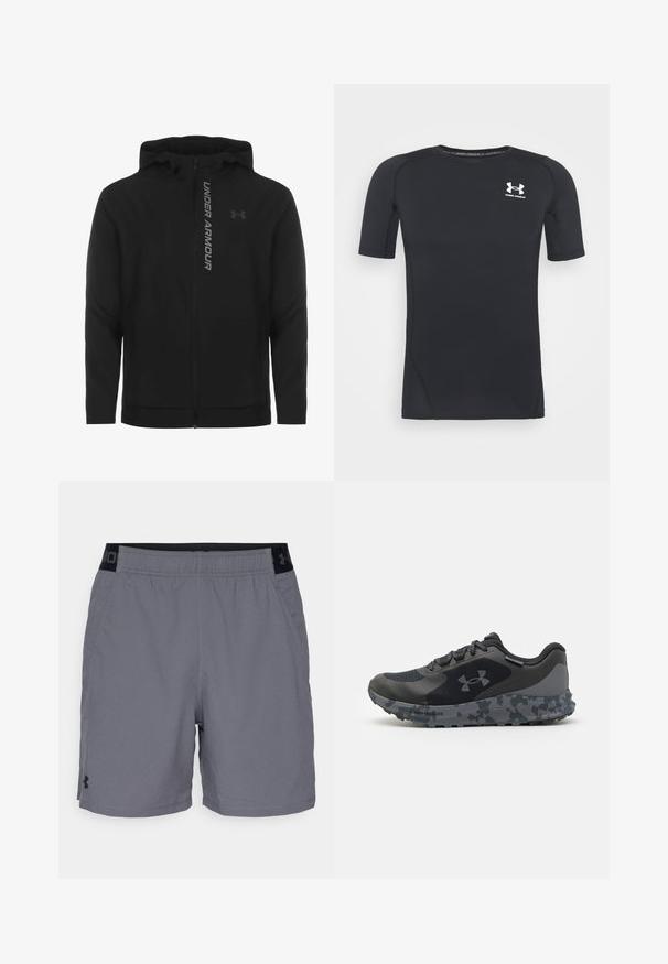 Juodas zip-up gobtuvu džemperis, pagamintas iš minkštos, lengvos medžiagos. Yra atspindintis "UNDER ARMOUR" logotipas ir glotni tekstūra.; Juodas trumpomis rankovėmis sportinis marškinėlis, pagamintas iš drėgmės sugeriančios, tamprios medžiagos. Turi apvalų iškirpimą ir mažą baltą logotipą ant krūtinės.; Pilki sportiniai šortai pagaminti iš lengvo audinio, su elastine juosta juodais akcentais ir šoninėmis kišenėmis. Paprastas dizainas be raštų.; Juodas sportinis batelis su struktūrizuotu paviršiumi, pilku kamufliažo raštuotu padu ir plokščiomis šnerves. Ant šono yra "Under Armour" logotipas.