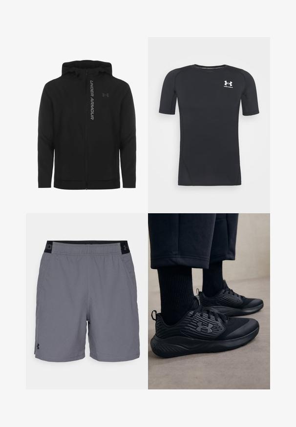Must must erineva kapuutsiga jakk, mis on valmistatud pehmest ja kergest materjalist. Omab peegeldavat "UNDER ARMOUR" logo ja sujuvat tekstuuri.; Must musta-särk lühikeste varrukatega, valmistatud niiskust eemaldavast, elastsetest kangast. Ümar kaelus ja väikene valge logo rinnal.; Hallide hallid sportlikud lühikesed püksid kerge materjaliga, millel on elastne vöökohus mustade aktsentidega ja küljetaskud. Lihtne disain ilma mustriteta.; Isik, kes kannab musti spordijalatsid, millel on tekstuurilised küljed ja logo, koos mustade sokkide ja lühikeste pükstega heledal põrandal.