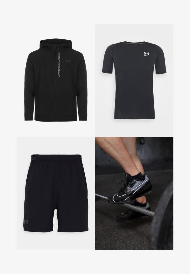 Černá zipová mikina s kapucí vyrobená z měkkého, lehkého materiálu. Obsahuje odrazový logo "UNDER ARMOUR" a hladkou texturu.; Černé sportovní tričko s krátkým rukávem vyrobené z materiálu odvádějícího vlhkost a pružného tkaniny. Má kulatý výstřih a malé bílé logo na prsou.; Černé sportovní šortky s elastickým pasem, s jemným logem v šedé barvě na levé noze. Hladký materiál, délka ke kolenům.; Černé a šedé sportovní boty s prodyšným materiálem, výrazným logem Nike, širokým popruhem a bílými akcenty, umístěné na vzpěračské tyči.
