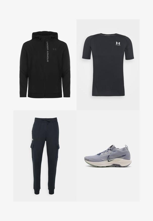 Giacca a zip nera con cappuccio realizzata in materiale morbido e leggero. Presenta il logo riflettente "UNDER ARMOUR" e una texture liscia.; Maglietta sportiva nera a maniche corte realizzata in tessuto traspirante e elastico. Presenta un collo rotondo e un piccolo logo bianco sul petto.; Pantaloni cargo neri in felpa realizzati in tessuto morbido, dotati di un elastico in vita con cordoncino, tasche laterali e polsini elasticizzati per un aspetto aderente.; Scarpa da corsa grigia chiara con una tomaia in rete testurizzata, accenti blu scuro e una suola imbottita con battistrada in gomma verde per una migliore trazione.