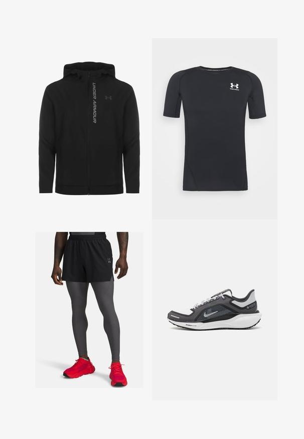Melnā ar rāvējslēdzēju aizverama kapučjaka, kas izgatavota no mīksta, viegla materiāla. Tam ir atstarojošs "UNDER ARMOUR" logotips un gluda virsma.; Melnas īsās piedurknes sporta krekliņš izgatavots no mitrumu absorbējoša, elastīga auduma. Tam ir apaļa kakla izgriezuma forma un neliels balts logo krūšu rajonā.; Melnas sporta šortus valkā uz pelēkām legingām, papildinot ar sarkanām kedām. Šortiem ir viegls materiāls un nelieli sānu iegriezumi.; Melnas un pelēkas sporta kurpes ar tīklu augšdaļu, atstarojošiem akcentiem un baltu starpzoli. Aprīkotas ar teksturētu gumijas zoli un šņorēm.