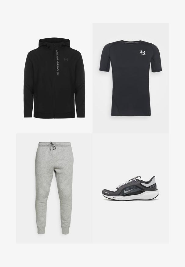 Schwarze, leichte Kapuzenjacke mit Reißverschluss aus weichem Material. Ausgestattet mit reflektierendem "UNDER ARMOUR"-Logo und einer glatten Struktur.; Schwarzes kurzärmliges Sportshirt aus feuchtigkeitsableitendem, elastischem Material. Verfügt über einen runden Halsausschnitt und ein kleines weißes Logo auf der Brust.; Graue Jogginghosen aus einem weichen Baumwoll-Mischgewebe, ausgestattet mit einem elastischen Bund und einem Kordelzug sowie gerippten Bündchen an den Knöcheln.; Schwarzer und grauer Sportschuh mit einem Mesh-Obermaterial, reflektierenden Akzenten und einer weißen Zwischensohle. Verfügt über eine strukturierte Gummisohle und Schnürsenkel.
