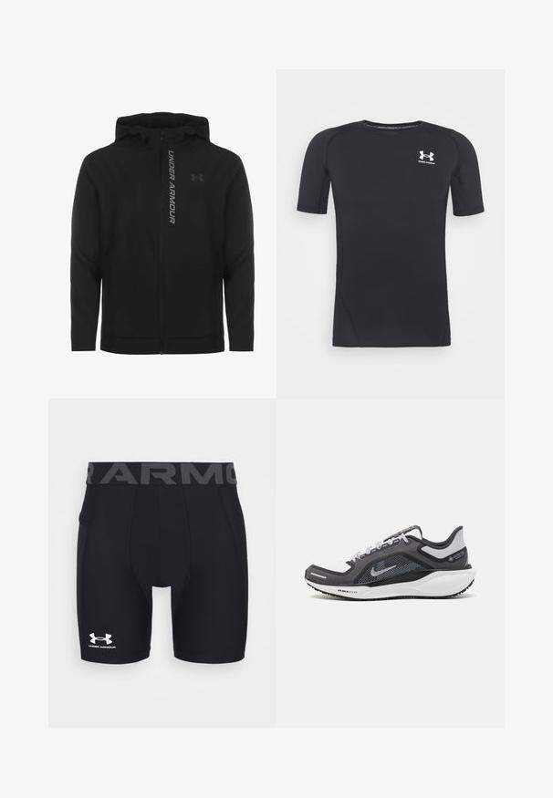 Svart zip-up huva jacka gjord av mjukt, lätt material. Har reflektiv "UNDER ARMOUR"-logotyp och en slät textur.; Svart kortärmad atletisk tröja gjord av fukttransporterande, elastisk tyg. Har en rund halsringning och en liten vit logotyp på bröstet.; Svarta atletiska kompressionsshorts med en åtsittande design, elastisk midja med "ARMOUR" i grått och en vit Under Armour-logotyp.; Svart och grå atletisk sko med ovandel i mesh, reflexdetaljer och en vit mellansula. Har en strukturerad gummisula och skosnören.