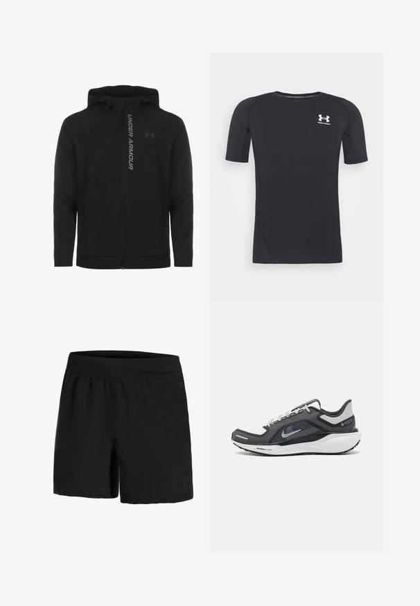 Black zip-up hooded jacket made of soft, lightweight material. Features reflective "UNDER ARMOUR" logo and a smooth texture.; Black short-sleeve athletic shirt made of moisture-wicking, stretchy fabric. Features a round neckline and a small white logo on the chest.; Black athletic shorts with a wide, elastic waistband, smooth texture, and side pockets. Designed for comfort and ease of movement.; Black and gray athletic shoe with a mesh upper, reflective accents, and a white midsole. Features textured rubber outsole and laces.