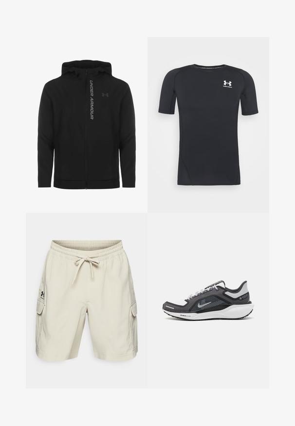 Črna zip-up kapuca izdelana iz mehkega, lahkotnega materiala. Ima odsevni logo "UNDER ARMOUR" in gladko teksturo.; Črna kratka športna majica z dolgimi rokavi iz tkanine, ki odvaja vlago in je raztegljiva. Ima okroglo ovratnico in majhen beli logotip na prsih.; Bež kratke hlače s elastičnim pasom in vrvico. Imajo dva stranska žepa in logo na levi strani. Gladka tekstura tkanine.; Črne in sive atletske čevlje z mrežasto zgornjim delom, odsevnimi detajli in belim srednjim podplatom. Imajo strukturiran gumijast podplat in vezalke.
