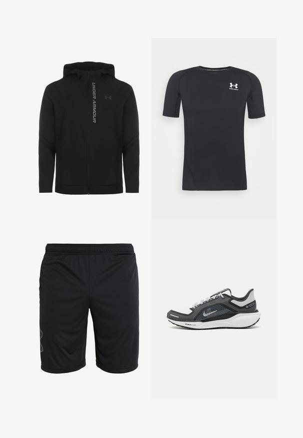 Černá zipová mikina s kapucí vyrobená z měkkého, lehkého materiálu. Obsahuje odrazový logo "UNDER ARMOUR" a hladkou texturu.; Černé sportovní tričko s krátkým rukávem vyrobené z materiálu odvádějícího vlhkost a pružného tkaniny. Má kulatý výstřih a malé bílé logo na prsou.; Černé sportovní šortky vyrobené z lehkého materiálu, s elastickým pasem a decentním designem bočních panelů. Hladká textura, bez kapes.; Černá a šedá sportovní obuv s vrškem z prodyšné síťoviny, reflexními akcenty a bílou mezipodešví. Obsahuje texturovanou gumovou podrážku a tkaničky.