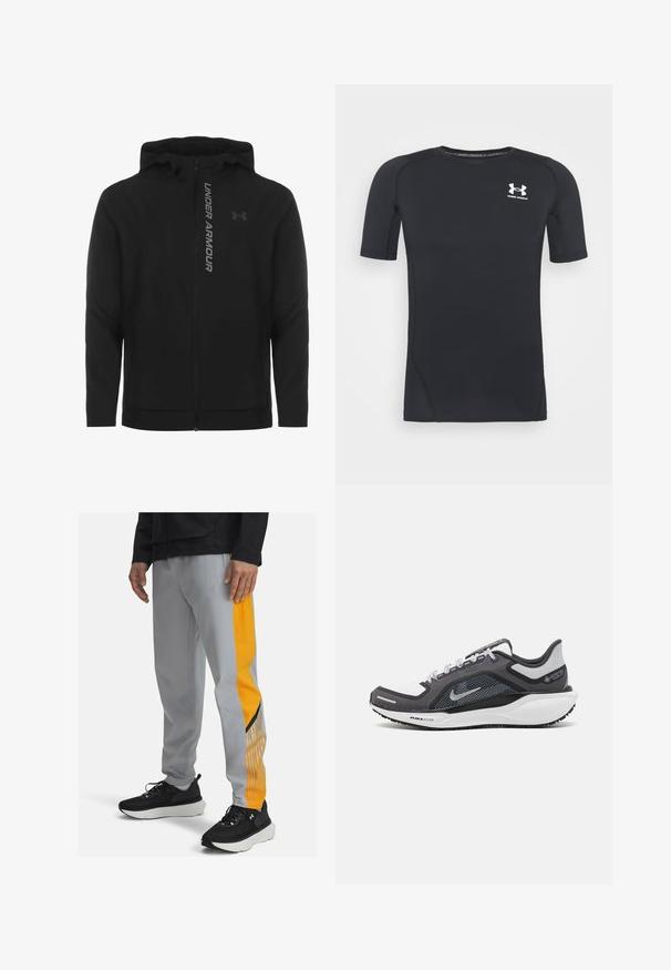 Svart zip-up huva jacka gjord av mjukt, lätt material. Har reflektiv "UNDER ARMOUR"-logotyp och en slät textur.; Svart kortärmad atletisk tröja gjord av fukttransporterande, elastisk tyg. Har en rund halsringning och en liten vit logotyp på bröstet.; Grå träningsbyxor med en orange sidpanel med vertikala linjer och svarta accenter. Bärs med svarta sneakers mot en neutral bakgrund.; Svart och grå atletisk sko med ovandel i mesh, reflexdetaljer och en vit mellansula. Har en strukturerad gummisula och skosnören.