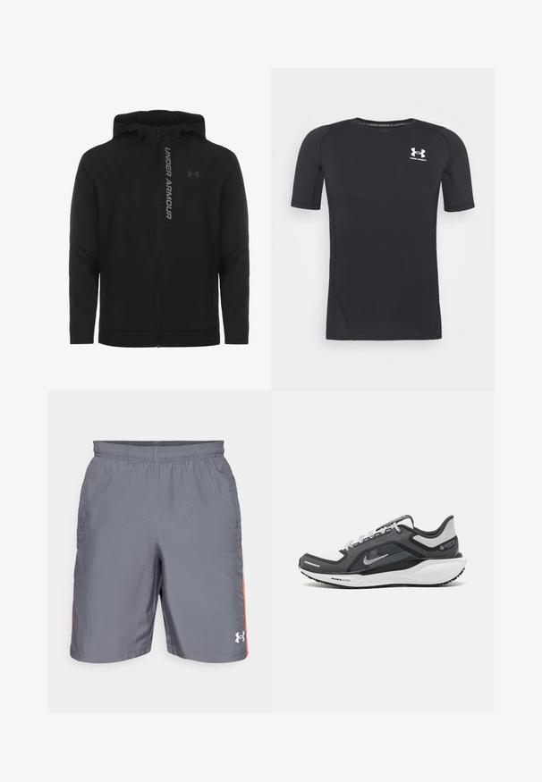 Black zip-up hooded jacket made of soft, lightweight material. Features reflective "UNDER ARMOUR" logo and a smooth texture.; Black short-sleeve athletic shirt made of moisture-wicking, stretchy fabric. Features a round neckline and a small white logo on the chest.; Gray athletic shorts with an elastic waistband, featuring orange side accents and an Under Armour logo on the lower right side.; Black and gray athletic shoe with a mesh upper, reflective accents, and a white midsole. Features textured rubber outsole and laces.