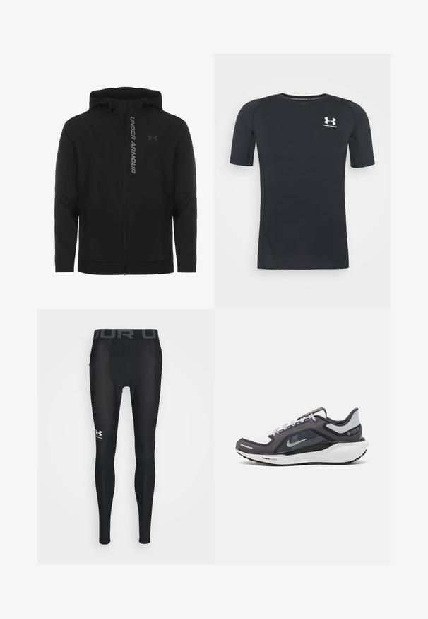 Juodas zip-up gobtuvu džemperis, pagamintas iš minkštos, lengvos medžiagos. Yra atspindintis "UNDER ARMOUR" logotipas ir glotni tekstūra.; Juodas trumpomis rankovėmis sportinis marškinėlis, pagamintas iš drėgmės sugeriančios, tamprios medžiagos. Turi apvalų iškirpimą ir mažą baltą logotipą ant krūtinės.; Juodos kompresinės legging'ės, pagamintos iš lygios, lankstios medžiagos, turinčios platų elastingą juosmenį su "UNDER ARMOUR" logotipu pilka spalva ir stilizuotu logotipu ant apatinės kojos.; Juodas ir pilkas sportinis batelis su tinkleliu viršuje, atspindinčiais akcentais ir balta vidurinė dalimi. Yra tekstūruota guminė išorinė pada ir raišteliai.