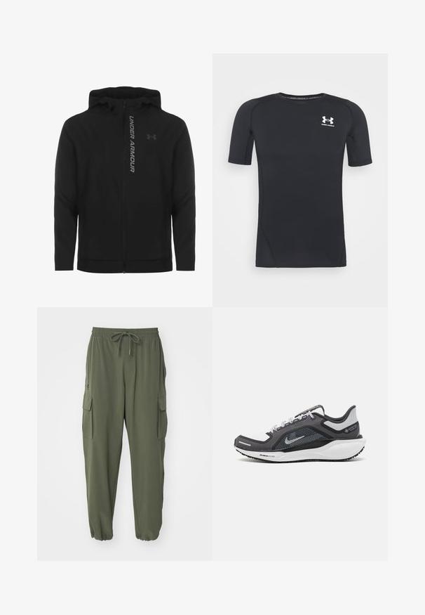 Čierna zipsová mikina s kapucňou vyrobená z jemného, ľahkého materiálu. Obsahuje reflexné logo "UNDER ARMOUR" a hladký povrch.; Čierne športové tričko s krátkym rukávom z látky, ktorá odvádza vlhkosť a je elastická. Má okrúhly výstrih a malú bielu nášivku na hrudi.; Olivovo zelené cargo nohavice vyrobené z mäkkej látky, s elastickým pásom, šnúrkou a viacerými bočnými vreckami. Rukávy sú zúžené.; Čierna a sivá športová obuv s vrchnou časťou z priedušného materiálu, reflexné akcenty a biely medzipodrážka. Obsahuje štruktúrovanú gumovú podrážku a šnúrky.