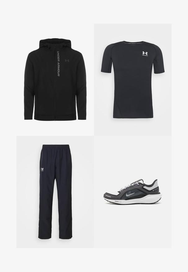 Melnā ar rāvējslēdzēju aizverama kapučjaka, kas izgatavota no mīksta, viegla materiāla. Tam ir atstarojošs "UNDER ARMOUR" logotips un gluda virsma.; Melnas īsās piedurknes sporta krekliņš izgatavots no mitrumu absorbējoša, elastīga auduma. Tam ir apaļa kakla izgriezuma forma un neliels balts logo krūšu rajonā.; Melni sporta bikses, izgatavotas no sintētiskā materiāla, ar elastīgu jostu un Under Armour logo baltā krāsā kreisajā augšstilbā.; Melnas un pelēkas sporta kurpes ar tīklu augšdaļu, atstarojošiem akcentiem un baltu starpzoli. Aprīkotas ar teksturētu gumijas zoli un šņorēm.