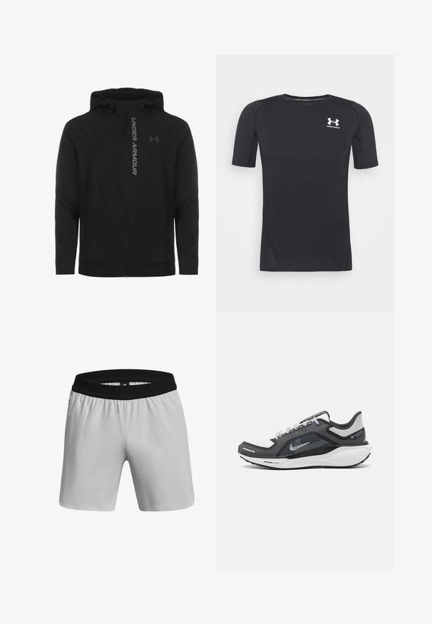 Chaqueta con capucha y cremallera negra hecha de material suave y ligero. Presenta un logotipo reflectante de "UNDER ARMOUR" y una textura lisa.; Camiseta atlética negra de manga corta hecha de un tejido que absorbe la humedad y es elástico. Cuenta con un cuello redondo y un pequeño logo blanco en el pecho.; Pantalones cortos deportivos de color gris claro con una cinturilla elástica negra, textura suave y un corte holgado. Presenta un logo en el lateral.; Zapatilla deportiva negro y gris con parte superior de malla, acentos reflectantes y una entresuela blanca. Presenta una suela de goma texturizada y cordones.