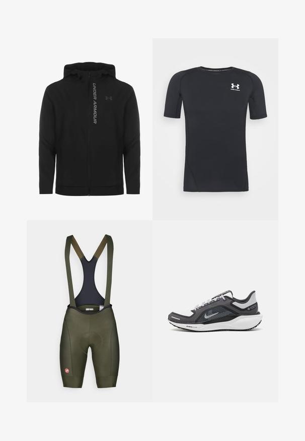 Črna zip-up kapuca izdelana iz mehkega, lahkotnega materiala. Ima odsevni logo "UNDER ARMOUR" in gladko teksturo.; Črna kratka športna majica z dolgimi rokavi iz tkanine, ki odvaja vlago in je raztegljiva. Ima okroglo ovratnico in majhen beli logotip na prsih.; Moške kolesarske bunde v temno olivni barvi z mrežastimi naramnicami, oblazinjenim sedežem, tesnim prileganjem, gladko teksturo in majhnim rdečim logotipom na nogi.; Črne in sive atletske čevlje z mrežasto zgornjim delom, odsevnimi detajli in belim srednjim podplatom. Imajo strukturiran gumijast podplat in vezalke.