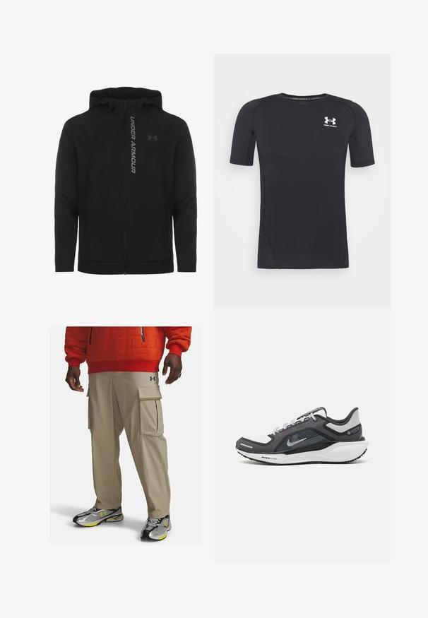 Črna zip-up kapuca izdelana iz mehkega, lahkotnega materiala. Ima odsevni logo "UNDER ARMOUR" in gladko teksturo.; Črna kratka športna majica z dolgimi rokavi iz tkanine, ki odvaja vlago in je raztegljiva. Ima okroglo ovratnico in majhen beli logotip na prsih.; Bež hlače typu cargo z stranskimi žepi, lahka tkanina in prilegajoč dizajn. V kombinaciji s črnimi in srebrnimi športnimi čevlji z rumenimi dodatki.; Črne in sive atletske čevlje z mrežasto zgornjim delom, odsevnimi detajli in belim srednjim podplatom. Imajo strukturiran gumijast podplat in vezalke.