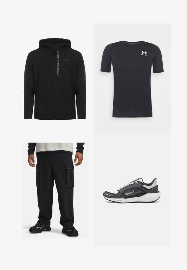 Svart zip-up huva jacka gjord av mjukt, lätt material. Har reflektiv "UNDER ARMOUR"-logotyp och en slät textur.; Svart kortärmad atletisk tröja gjord av fukttransporterande, elastisk tyg. Har en rund halsringning och en liten vit logotyp på bröstet.; Svarta cargo byxor med en strukturerad tyg. Har flera sidofickor och en avslappnad passform, kombinerat med svarta träningsskor.; Svart och grå atletisk sko med ovandel i mesh, reflexdetaljer och en vit mellansula. Har en strukturerad gummisula och skosnören.