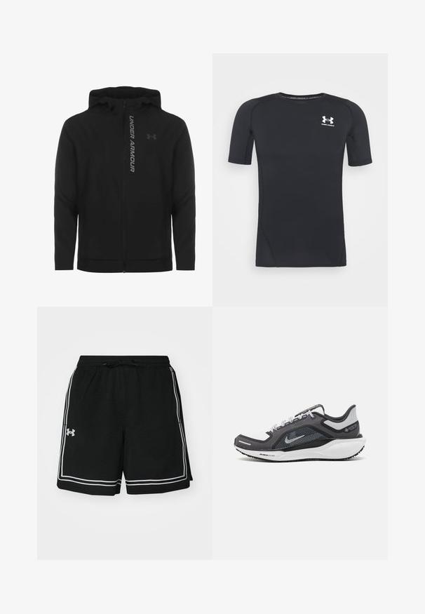 Chaqueta con capucha y cremallera negra hecha de material suave y ligero. Presenta un logotipo reflectante de "UNDER ARMOUR" y una textura lisa.; Camiseta atlética negra de manga corta hecha de un tejido que absorbe la humedad y es elástico. Cuenta con un cuello redondo y un pequeño logo blanco en el pecho.; Pantalones cortos de malla negros con cintura elástica ajustable, detalles en blanco, rayas laterales y un logo en la pierna izquierda.; Zapatilla deportiva negro y gris con parte superior de malla, acentos reflectantes y una entresuela blanca. Presenta una suela de goma texturizada y cordones.