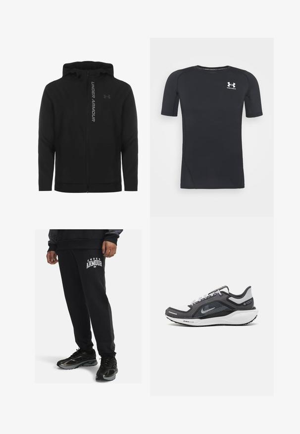 Schwarze, leichte Kapuzenjacke mit Reißverschluss aus weichem Material. Ausgestattet mit reflektierendem "UNDER ARMOUR"-Logo und einer glatten Struktur.; Schwarzes kurzärmliges Sportshirt aus feuchtigkeitsableitendem, elastischem Material. Verfügt über einen runden Halsausschnitt und ein kleines weißes Logo auf der Brust.; Schwarze Sweatpants mit schmalem Schnitt, ausgestattet mit einem weißen "UNDER ARMOUR"-Logo. Hergestellt aus weichem Stoff mit seitlichem Streifen-Detail.; Schwarzer und grauer Sportschuh mit einem Mesh-Obermaterial, reflektierenden Akzenten und einer weißen Zwischensohle. Verfügt über eine strukturierte Gummisohle und Schnürsenkel.