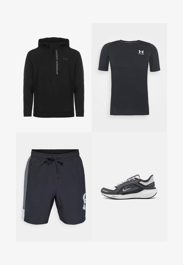 Black zip-up hooded jacket made of soft, lightweight material. Features reflective "UNDER ARMOUR" logo and a smooth texture.; Black short-sleeve athletic shirt made of moisture-wicking, stretchy fabric. Features a round neckline and a small white logo on the chest.; Black swim shorts with an elastic waistband, adjustable drawstring, and gray side panels. Features a white logo on the lower leg. Smooth texture.; Black and gray athletic shoe with a mesh upper, reflective accents, and a white midsole. Features textured rubber outsole and laces.