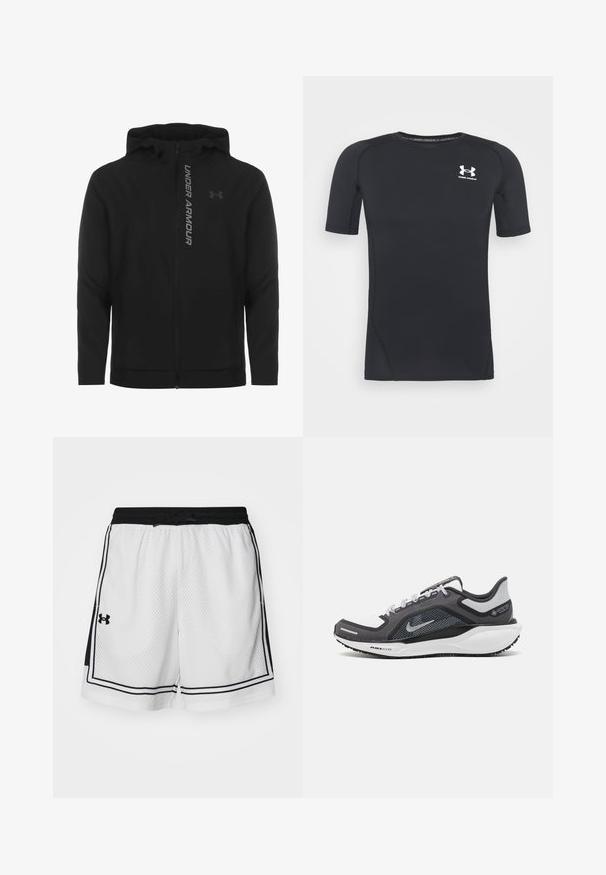 Black zip-up hooded jacket made of soft, lightweight material. Features reflective "UNDER ARMOUR" logo and a smooth texture.; Black short-sleeve athletic shirt made of moisture-wicking, stretchy fabric. Features a round neckline and a small white logo on the chest.; White mesh shorts with black accents, elastic waistband, drawstring, and side stripes. Features Under Armour logo on left hem.; Black and gray athletic shoe with a mesh upper, reflective accents, and a white midsole. Features textured rubber outsole and laces.