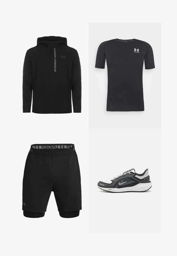 Juodas zip-up gobtuvu džemperis, pagamintas iš minkštos, lengvos medžiagos. Yra atspindintis "UNDER ARMOUR" logotipas ir glotni tekstūra.; Juodas trumpomis rankovėmis sportinis marškinėlis, pagamintas iš drėgmės sugeriančios, tamprios medžiagos. Turi apvalų iškirpimą ir mažą baltą logotipą ant krūtinės.; Juodos sportinės šortai su prigludusia vidine dalimi, elastingu juosmeniu, ant kurio yra prekės pavadinimas, ir lygiu, lengvu audiniu.; Juodas ir pilkas sportinis batelis su tinkleliu viršuje, atspindinčiais akcentais ir balta vidurinė dalimi. Yra tekstūruota guminė išorinė pada ir raišteliai.