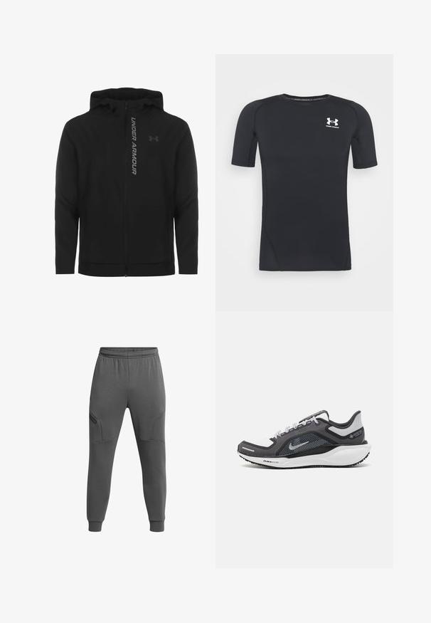 Czarna kurtka z kapturem zapinana na zamek, wykonana z miękkiego, lekkiego materiału. Posiada odblaskowe logo "UNDER ARMOUR" i gładką fakturę.; Czarny, krótki rękaw, sportowa koszulka wykonana z odprowadzającego wilgoć, elastycznego materiału. Posiada okrągły dekolt i małe białe logo na piersi.; Szare dresowe spodnie dresowe z elastycznym pasem, zwężanymi nogawkami, bocznymi kieszeniami i fakturowanymi panelami dla dodatkowego akcentu.; Czarne i szare buty sportowe z siateczkową cholewką, odblaskowymi akcentami i białą podeszwą środkową. Posiadają teksturowaną gumową podeszwę i sznurowadła.