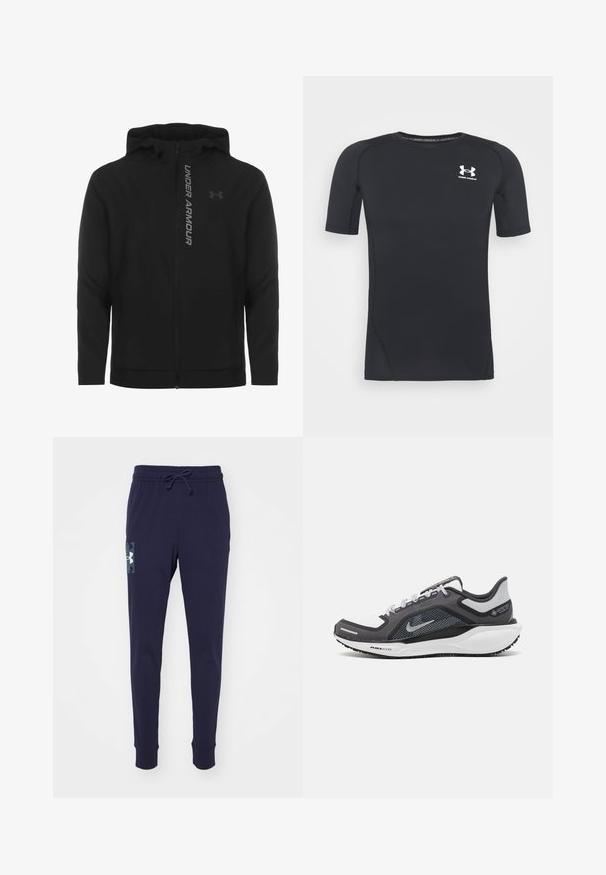 Melnā ar rāvējslēdzēju aizverama kapučjaka, kas izgatavota no mīksta, viegla materiāla. Tam ir atstarojošs "UNDER ARMOUR" logotips un gluda virsma.; Melnas īsās piedurknes sporta krekliņš izgatavots no mitrumu absorbējoša, elastīga auduma. Tam ir apaļa kakla izgriezuma forma un neliels balts logo krūšu rajonā.; Jūras zilās sporta bikses ar aukliņu viduklī, elastīgiem piedurkņu galiem un kontrastējošu logo uz kreisā augšstilba. Kokvilnas un sintētisko šķiedru maisījums.; Melnas un pelēkas sporta kurpes ar tīklu augšdaļu, atstarojošiem akcentiem un baltu starpzoli. Aprīkotas ar teksturētu gumijas zoli un šņorēm.