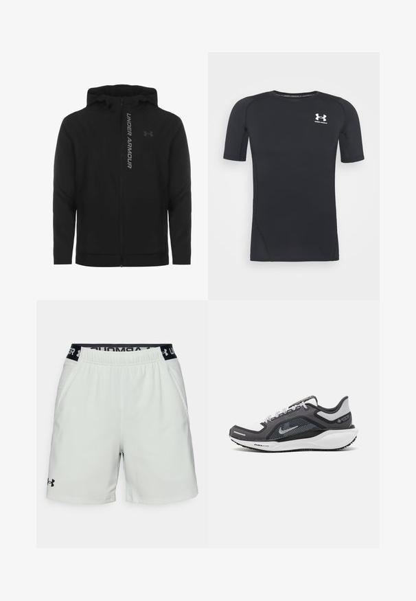 Musta vetoketjulla varustettu huppari, joka on valmistettu pehmeästä ja kevyestä materiaalista. Varustettu heijastavalla "UNDER ARMOUR" -logolla ja sileällä pinnalla.; Musta lyhythihainen urheilupaita, joka on valmistettu kosteutta siirtävästä, joustavasta kankaasta. Paidassa on pyöreä pääntie ja pieni valkoinen logo rinnassa.; Vaaleanharmaat urheilushortsit, joissa on joustava musta vyötärönauha, jossa on "Under Armour" -logo, sivutaskut ja sileä pinnan textura.; Musta ja harmaa urheilukenka, jossa on verkkopäällinen, heijastavat yksityiskohdat ja valkoinen välipohja. Varustettu kuvioidulla kumipohjalla ja nauhoilla.