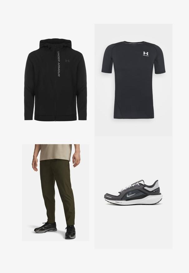 Czarna kurtka z kapturem zapinana na zamek, wykonana z miękkiego, lekkiego materiału. Posiada odblaskowe logo "UNDER ARMOUR" i gładką fakturę.; Czarny, krótki rękaw, sportowa koszulka wykonana z odprowadzającego wilgoć, elastycznego materiału. Posiada okrągły dekolt i małe białe logo na piersi.; Oliwkowe spodnie sportowe o tapered fit, z teksturowanej tkaniny i subtelnym brandingiem. Połączone z czarnymi sneakersami z odblaskowymi akcentami.; Czarne i szare buty sportowe z siateczkową cholewką, odblaskowymi akcentami i białą podeszwą środkową. Posiadają teksturowaną gumową podeszwę i sznurowadła.