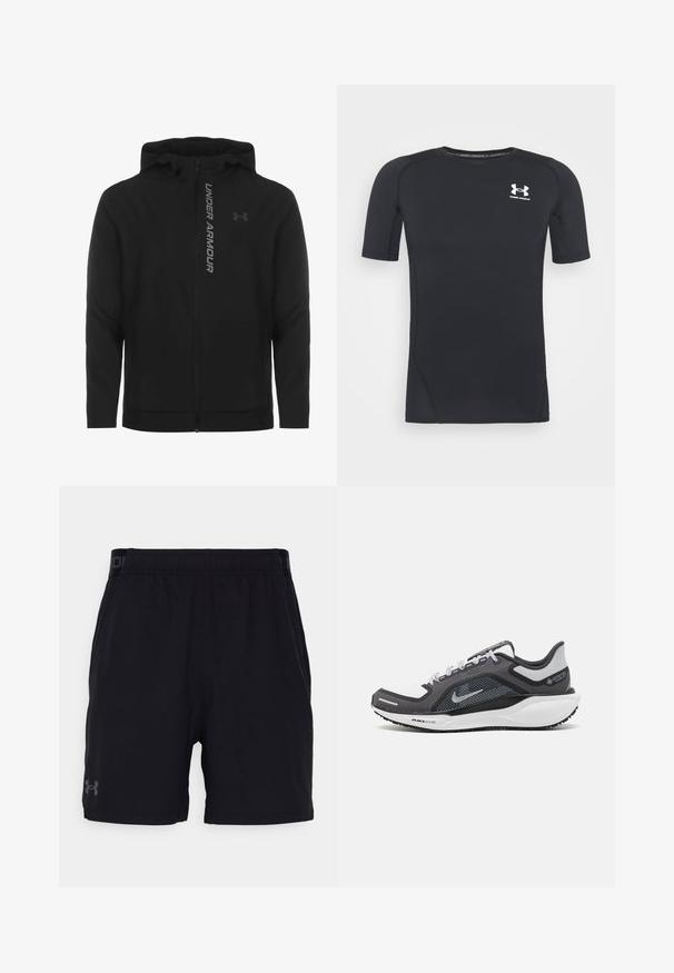 Črna zip-up kapuca izdelana iz mehkega, lahkotnega materiala. Ima odsevni logo "UNDER ARMOUR" in gladko teksturo.; Črna kratka športna majica z dolgimi rokavi iz tkanine, ki odvaja vlago in je raztegljiva. Ima okroglo ovratnico in majhen beli logotip na prsih.; Črne športne kratke hlače z elastičnim pasom, s subtilnim logotipom v sivi barvi na levi nogi. Gladek material, dolžina do kolen.; Črne in sive atletske čevlje z mrežasto zgornjim delom, odsevnimi detajli in belim srednjim podplatom. Imajo strukturiran gumijast podplat in vezalke.