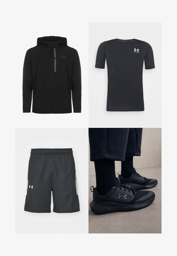 Čierna zipsová mikina s kapucňou vyrobená z jemného, ľahkého materiálu. Obsahuje reflexné logo "UNDER ARMOUR" a hladký povrch.; Čierne športové tričko s krátkym rukávom z látky, ktorá odvádza vlhkosť a je elastická. Má okrúhly výstrih a malú bielu nášivku na hrudi.; Čierne športové šortky vyrobené z ľahkého materiálu, s elastickým pásom a dvoma bočnými vreckami s šedými akcentmi. Zobrazené logo Under Armour.; Osoba v čiernych atletických teniskách s textúrovanými bokmi a logom, v doplnku s čiernymi ponožkami a skrátenými nohavicami na svetlej podlahe.