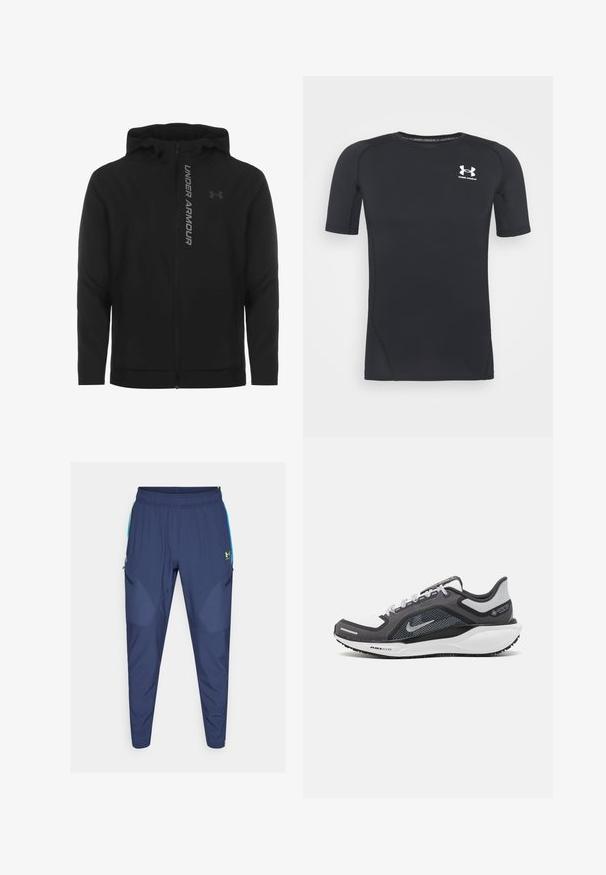 Melnā ar rāvējslēdzēju aizverama kapučjaka, kas izgatavota no mīksta, viegla materiāla. Tam ir atstarojošs "UNDER ARMOUR" logotips un gluda virsma.; Melnas īsās piedurknes sporta krekliņš izgatavots no mitrumu absorbējoša, elastīga auduma. Tam ir apaļa kakla izgriezuma forma un neliels balts logo krūšu rajonā.; Jūras zilas sporta bikses ar elastīgu jostu, šaurām kājām, sānu rāvējslēdzējiem un zaļām akcentiem uz kabatām un logo. Viegls, gluds audums.; Melnas un pelēkas sporta kurpes ar tīklu augšdaļu, atstarojošiem akcentiem un baltu starpzoli. Aprīkotas ar teksturētu gumijas zoli un šņorēm.