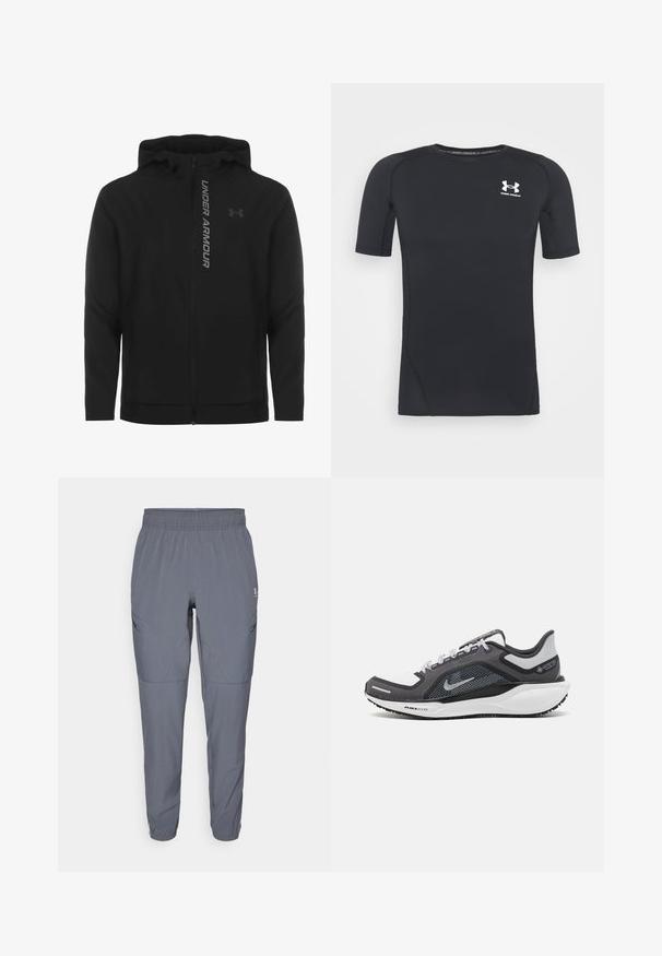 Svart zip-up huva jacka gjord av mjukt, lätt material. Har reflektiv "UNDER ARMOUR"-logotyp och en slät textur.; Svart kortärmad atletisk tröja gjord av fukttransporterande, elastisk tyg. Har en rund halsringning och en liten vit logotyp på bröstet.; Lätta grå stretchbyxor med elastisk midja, insvängd passform och snedställda sidfickor, med subtila sömnadsdetaljer.; Svart och grå atletisk sko med ovandel i mesh, reflexdetaljer och en vit mellansula. Har en strukturerad gummisula och skosnören.