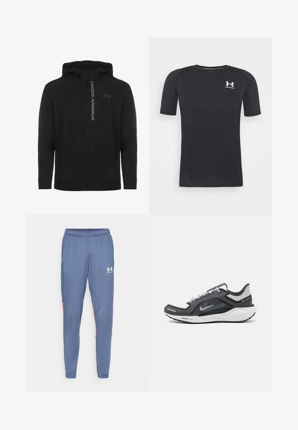 Schwarze, leichte Kapuzenjacke mit Reißverschluss aus weichem Material. Ausgestattet mit reflektierendem "UNDER ARMOUR"-Logo und einer glatten Struktur.; Schwarzes kurzärmliges Sportshirt aus feuchtigkeitsableitendem, elastischem Material. Verfügt über einen runden Halsausschnitt und ein kleines weißes Logo auf der Brust.; Blaue Sportleggings mit einem elastischen Bund, seitlichen Taschen und orangefarbenen Akzentpaneelen an den äußeren Nähten, mit einem in Weiß gedruckten Logo.; Schwarzer und grauer Sportschuh mit einem Mesh-Obermaterial, reflektierenden Akzenten und einer weißen Zwischensohle. Verfügt über eine strukturierte Gummisohle und Schnürsenkel.