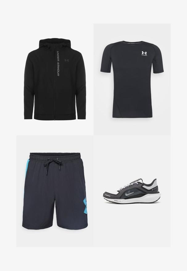 Schwarze, leichte Kapuzenjacke mit Reißverschluss aus weichem Material. Ausgestattet mit reflektierendem "UNDER ARMOUR"-Logo und einer glatten Struktur.; Schwarzes kurzärmliges Sportshirt aus feuchtigkeitsableitendem, elastischem Material. Verfügt über einen runden Halsausschnitt und ein kleines weißes Logo auf der Brust.; Schwarze Sportshorts mit elastischem Bund, Kordelzugverschluss, seitlichen blauen Einsätzen und einem auffälligen hellblauen Logo am rechten Bein.; Schwarzer und grauer Sportschuh mit einem Mesh-Obermaterial, reflektierenden Akzenten und einer weißen Zwischensohle. Verfügt über eine strukturierte Gummisohle und Schnürsenkel.