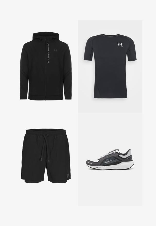 Črna zip-up kapuca izdelana iz mehkega, lahkotnega materiala. Ima odsevni logo "UNDER ARMOUR" in gladko teksturo.; Črna kratka športna majica z dolgimi rokavi iz tkanine, ki odvaja vlago in je raztegljiva. Ima okroglo ovratnico in majhen beli logotip na prsih.; Črne kopalke iz lahkega blaga z elastičnim pasom, nastavljivo vrvico in notranjo oblogo. Imajo logotip na strani.; Črne in sive atletske čevlje z mrežasto zgornjim delom, odsevnimi detajli in belim srednjim podplatom. Imajo strukturiran gumijast podplat in vezalke.