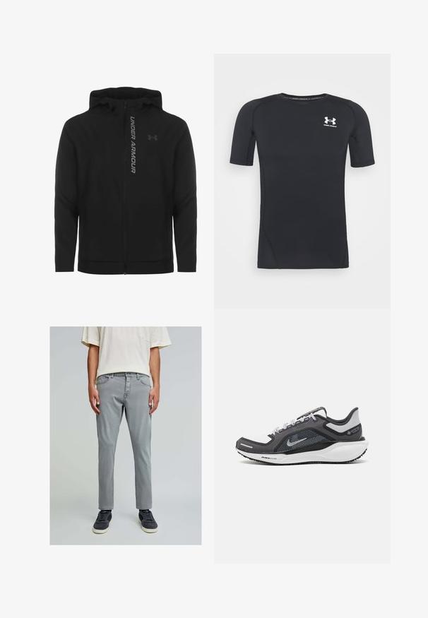 Sort lynlås hættejakke lavet af blødt, letvægtsmateriale. Har et reflekterende "UNDER ARMOUR"-logo og en glat overflade.; Sort kortærmet træningsskjorte lavet af fugttransporterende, strækbart stof. Har rund halsudskæring og et lille hvidt logo på brystet.; Grå denimbukser med slim fit, med forlommer, knaplukning og en glat overflade. Sammen med mørke sneakers.; Sort og grå atletisk sko med en mesh-overdel, reflekterende detaljer og en hvid mellemsål. Har en tekstureret gummisål og snørebånd.