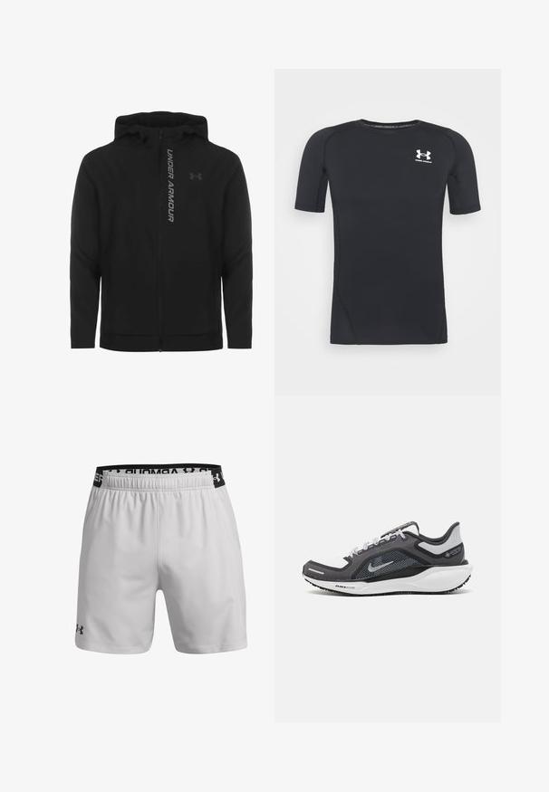 Melnā ar rāvējslēdzēju aizverama kapučjaka, kas izgatavota no mīksta, viegla materiāla. Tam ir atstarojošs "UNDER ARMOUR" logotips un gluda virsma.; Melnas īsās piedurknes sporta krekliņš izgatavots no mitrumu absorbējoša, elastīga auduma. Tam ir apaļa kakla izgriezuma forma un neliels balts logo krūšu rajonā.; Gaiši pelēki sporta šorti, izgatavoti no elpojoša auduma. Iespējas ietver elastīgu jostasvietu ar melnu logotipu un sānu kabatām.; Melnas un pelēkas sporta kurpes ar tīklu augšdaļu, atstarojošiem akcentiem un baltu starpzoli. Aprīkotas ar teksturētu gumijas zoli un šņorēm.