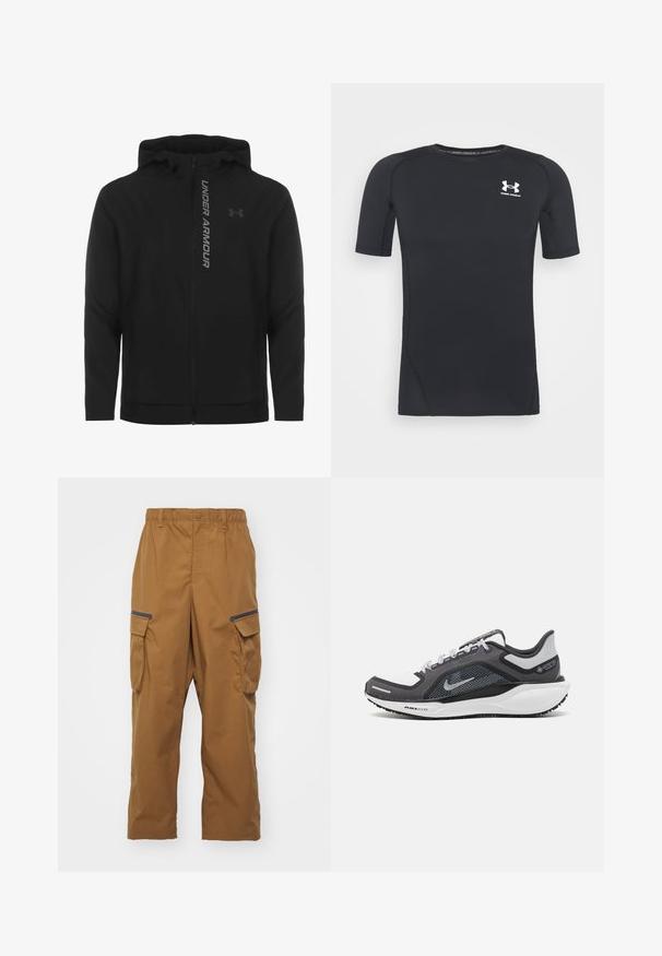Črna zip-up kapuca izdelana iz mehkega, lahkotnega materiala. Ima odsevni logo "UNDER ARMOUR" in gladko teksturo.; Črna kratka športna majica z dolgimi rokavi iz tkanine, ki odvaja vlago in je raztegljiva. Ima okroglo ovratnico in majhen beli logotip na prsih.; Rjave cargo hlače z udobnim krojem, elastikim pasom, dvema stranskima žepoma in črnimi detajli na žepih. Narejene so iz trpežne, teksturirane tkanine.; Črne in sive atletske čevlje z mrežasto zgornjim delom, odsevnimi detajli in belim srednjim podplatom. Imajo strukturiran gumijast podplat in vezalke.