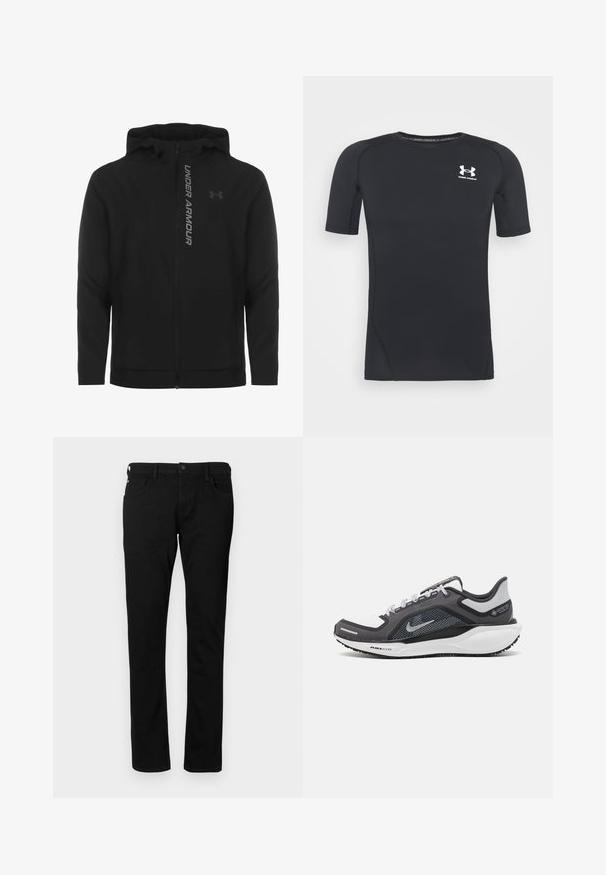Černá zipová mikina s kapucí vyrobená z měkkého, lehkého materiálu. Obsahuje odrazový logo "UNDER ARMOUR" a hladkou texturu.; Černé sportovní tričko s krátkým rukávem vyrobené z materiálu odvádějícího vlhkost a pružného tkaniny. Má kulatý výstřih a malé bílé logo na prsou.; Černé džíny s úzkým střihem, které mají přední kapsy, poutka na opasek a zapínání na knoflík. Hladká textura s jednobarevným provedením.; Černá a šedá sportovní obuv s vrškem z prodyšné síťoviny, reflexními akcenty a bílou mezipodešví. Obsahuje texturovanou gumovou podrážku a tkaničky.