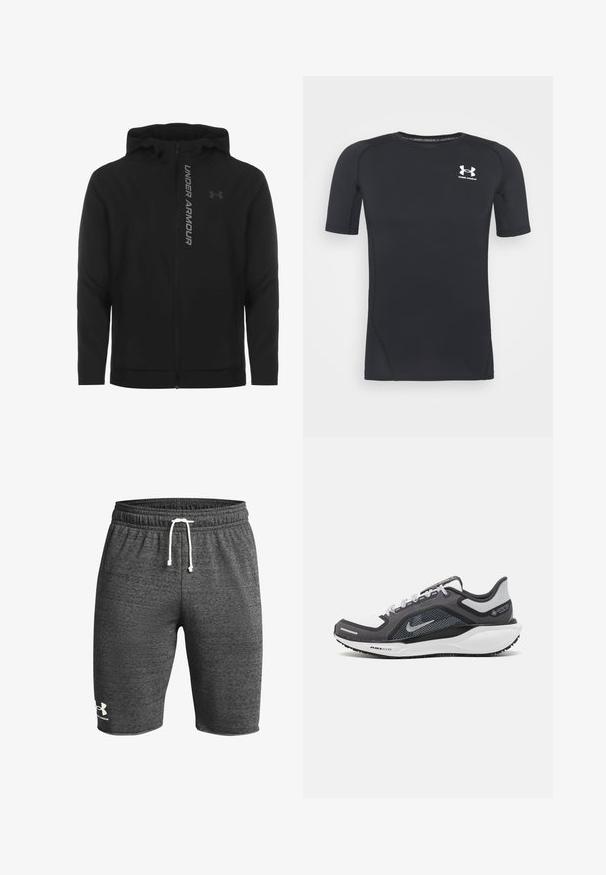 Črna zip-up kapuca izdelana iz mehkega, lahkotnega materiala. Ima odsevni logo "UNDER ARMOUR" in gladko teksturo.; Črna kratka športna majica z dolgimi rokavi iz tkanine, ki odvaja vlago in je raztegljiva. Ima okroglo ovratnico in majhen beli logotip na prsih.; Temno sivi atletski šort iz teksturiranega materiala, z elastičnim pasom in belim vrvico za zategovanje ter logotipom na spodnjem levem delu noge.; Črne in sive atletske čevlje z mrežasto zgornjim delom, odsevnimi detajli in belim srednjim podplatom. Imajo strukturiran gumijast podplat in vezalke.