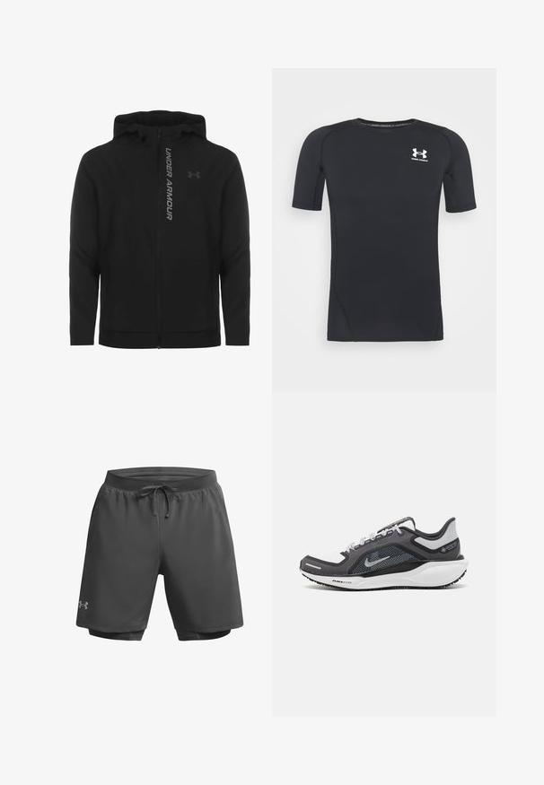 Juodas zip-up gobtuvu džemperis, pagamintas iš minkštos, lengvos medžiagos. Yra atspindintis "UNDER ARMOUR" logotipas ir glotni tekstūra.; Juodas trumpomis rankovėmis sportinis marškinėlis, pagamintas iš drėgmės sugeriančios, tamprios medžiagos. Turi apvalų iškirpimą ir mažą baltą logotipą ant krūtinės.; Tamsiai pilkos sportinės šortai su elastinga juosta, reguliuojama raišteliu ir vidine tinkline danga; ant kairiojo kojos yra subtilus logotipas.; Juodas ir pilkas sportinis batelis su tinkleliu viršuje, atspindinčiais akcentais ir balta vidurinė dalimi. Yra tekstūruota guminė išorinė pada ir raišteliai.
