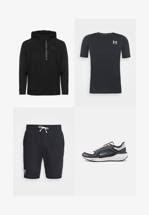 Must must erineva kapuutsiga jakk, mis on valmistatud pehmest ja kergest materjalist. Omab peegeldavat "UNDER ARMOUR" logo ja sujuvat tekstuuri.; Must musta-särk lühikeste varrukatega, valmistatud niiskust eemaldavast, elastsetest kangast. Ümar kaelus ja väikene valge logo rinnal.; Mustad must sportlikud šortid, millel on nööriga vöökoht, valmistatud pehmest materjalist. Omavad küljetaskuid ja väikest valget logo hemmi lähedal.; Mustern ja hallide värvusega spordijalats, millel on võrgusilmast ülemine osa, peegeldavad aktsendid ja valge vaheosa. Omab tekstuuriga kummist välisosa ja kingapaelu.