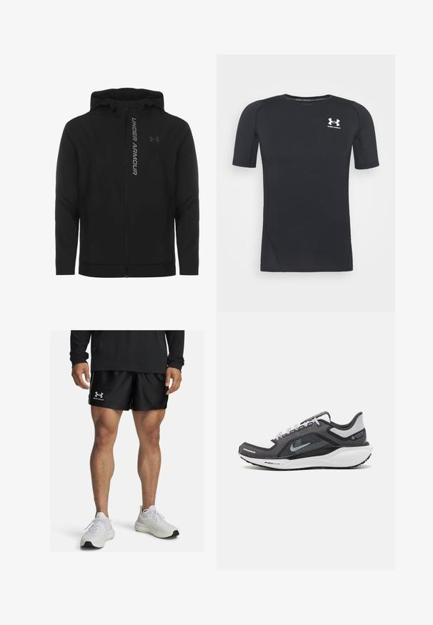 Must must erineva kapuutsiga jakk, mis on valmistatud pehmest ja kergest materjalist. Omab peegeldavat "UNDER ARMOUR" logo ja sujuvat tekstuuri.; Must musta-särk lühikeste varrukatega, valmistatud niiskust eemaldavast, elastsetest kangast. Ümar kaelus ja väikene valge logo rinnal.; Mustad mustadest sportlühikesed, millel on valge Under Armouri logo, koos valgete spordijalatsitega. Sile kangas, elastne vöökoht ja külgmised triibud.; Mustern ja hallide värvusega spordijalats, millel on võrgusilmast ülemine osa, peegeldavad aktsendid ja valge vaheosa. Omab tekstuuriga kummist välisosa ja kingapaelu.