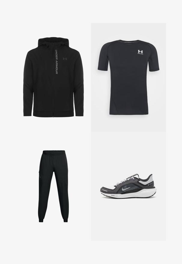 Juodas zip-up gobtuvu džemperis, pagamintas iš minkštos, lengvos medžiagos. Yra atspindintis "UNDER ARMOUR" logotipas ir glotni tekstūra.; Juodas trumpomis rankovėmis sportinis marškinėlis, pagamintas iš drėgmės sugeriančios, tamprios medžiagos. Turi apvalų iškirpimą ir mažą baltą logotipą ant krūtinės.; Juodi sportiniai kelnės su elastinga juosmena, siaurėjančio pjūvio, šoninėmis kišenėmis ir kontrastingais panelių detalėmis. Lengvas, lygus audinys.; Juodas ir pilkas sportinis batelis su tinkleliu viršuje, atspindinčiais akcentais ir balta vidurinė dalimi. Yra tekstūruota guminė išorinė pada ir raišteliai.